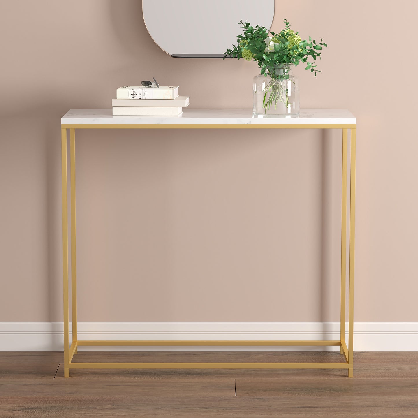 Safdie & Co. Console Table 31" Marble Gold Metal, Entryway or Sofa Table for Living Room