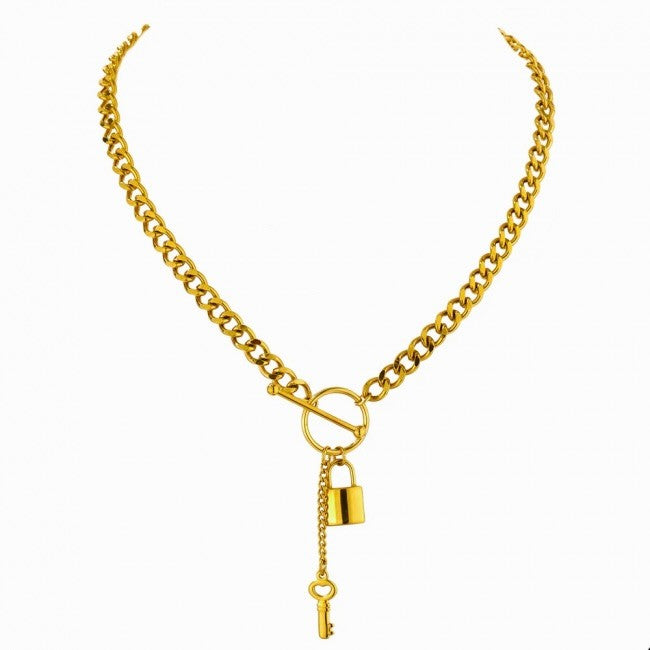 title:Padlock & Key Statement Necklace with Front Toggle Closure;color:Gold