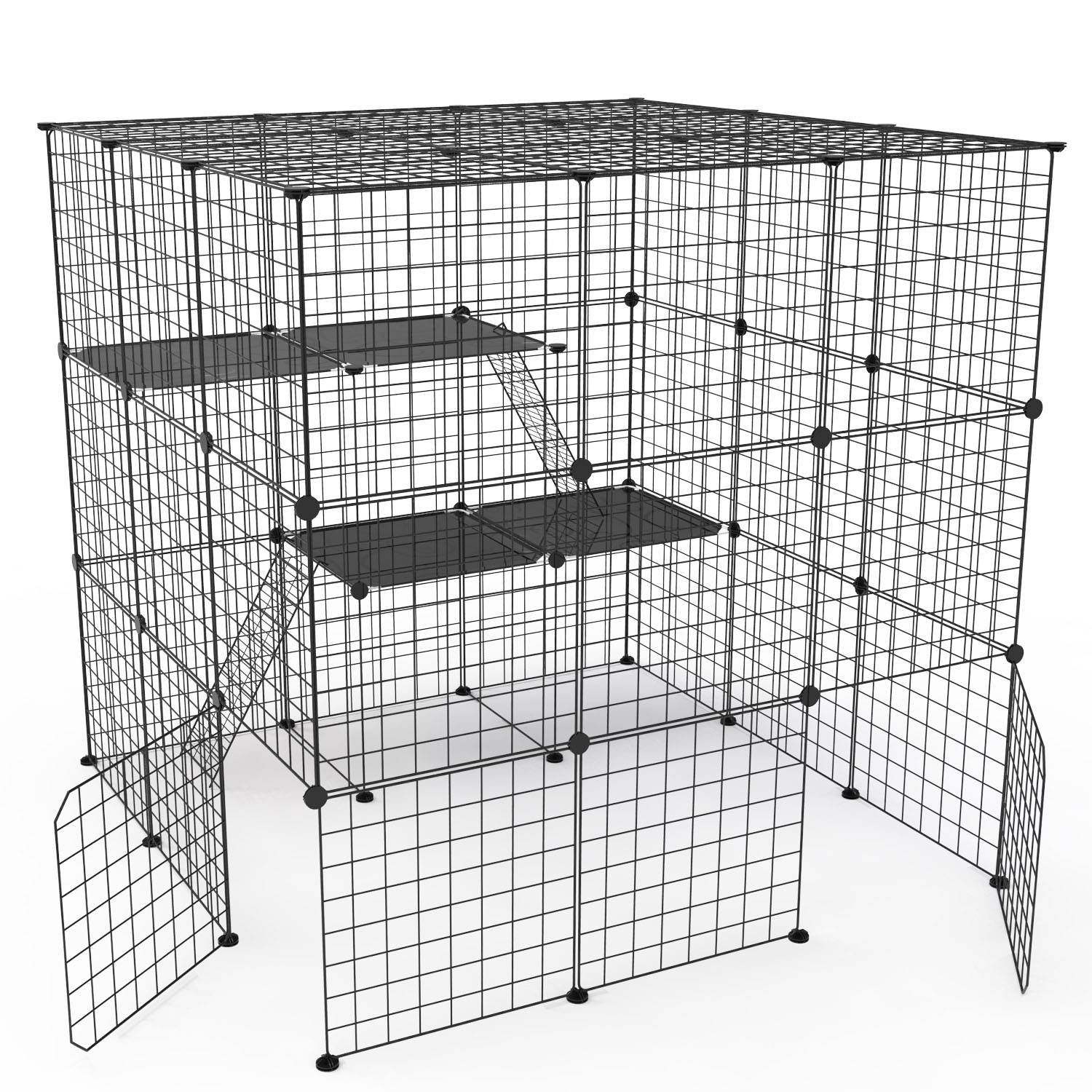 title:Fresh Fab Finds 3 Tier Large Cat Cage Enclosure Indoor Cat Playpen Iron Construction Cat House Detachable Cat Crate With 2 Ladders Doors For 1-4 Cats 41.73”L x 41.73”;color:Black