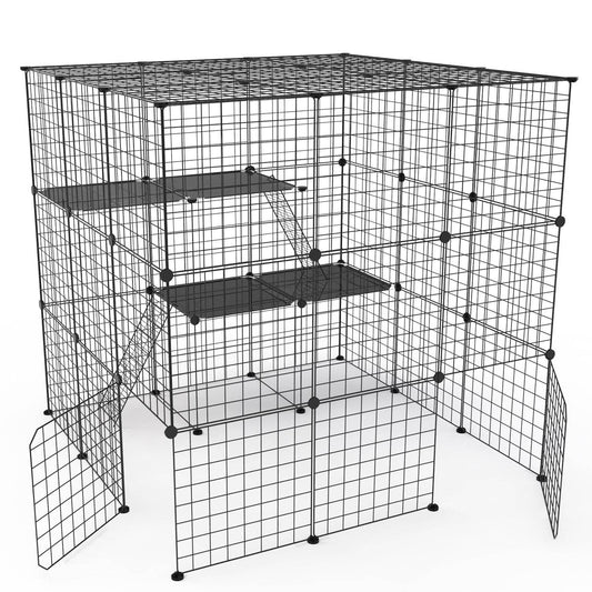 title:Fresh Fab Finds 3 Tier Large Cat Cage Enclosure Indoor Cat Playpen Iron Construction Cat House Detachable Cat Crate With 2 Ladders Doors For 1-4 Cats 41.73”L x 41.73”;color:Black