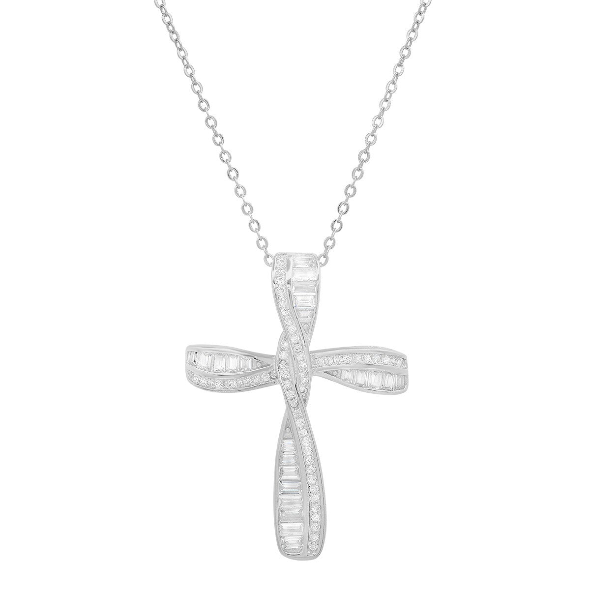 title:Sterling Silver Baguette CZ Cross Pendant;color:Silver