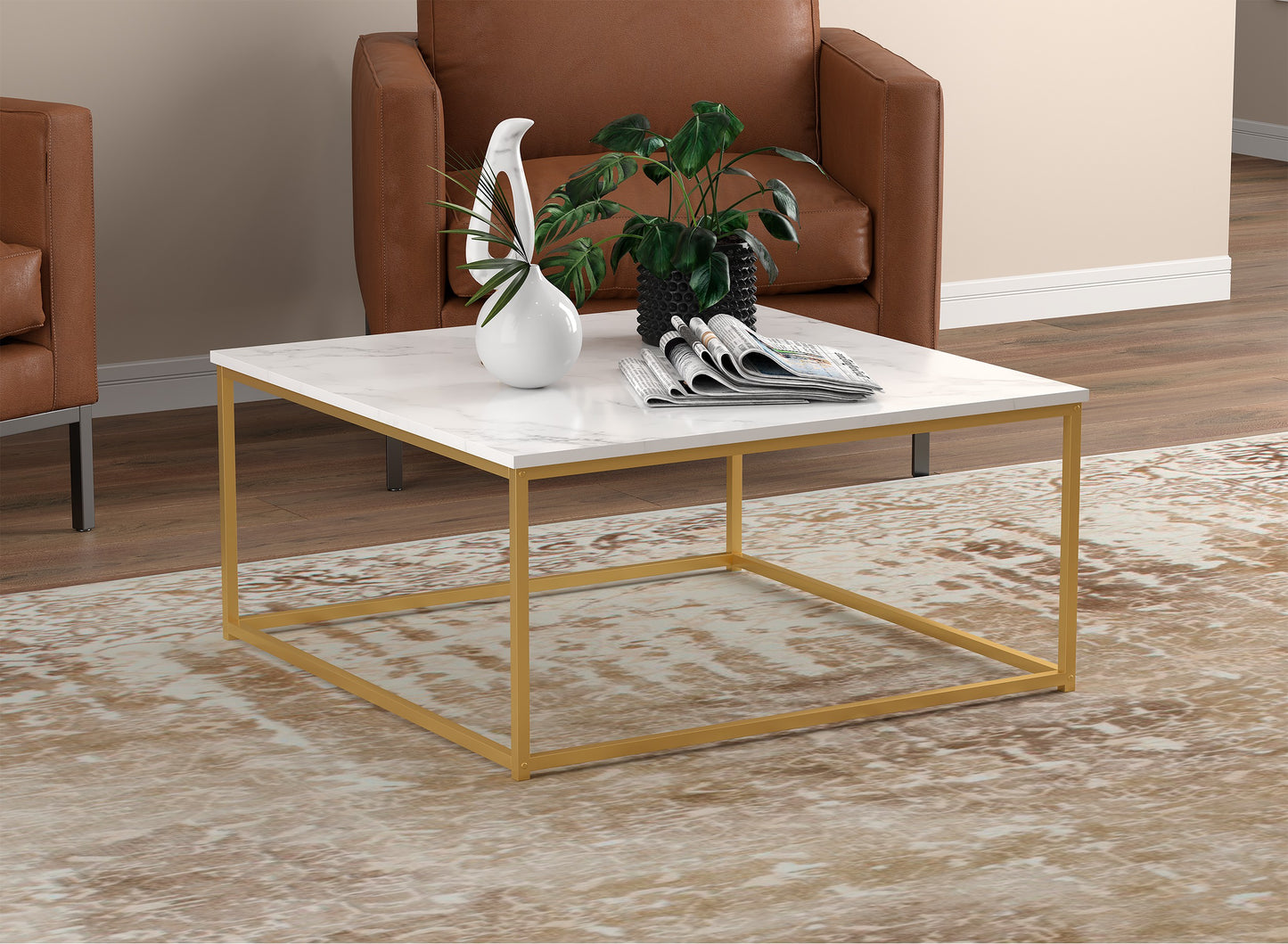 Safdie & Co. Coffee Table 38" Square Marble Gold Metal, Central Table for Living Room