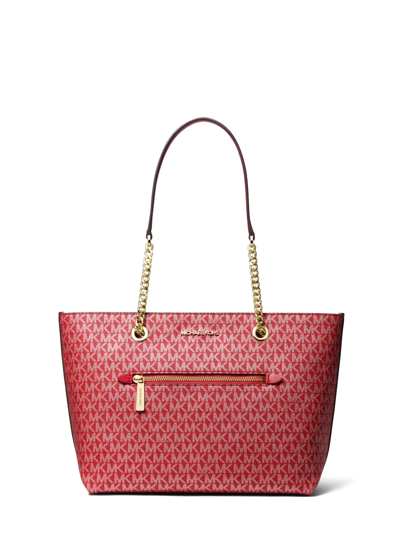 title:Michael Kors Women's Chili & Pale Gold Jet Set Metallic Logo Chain Tote Bag;color:Chili / Pale Gold