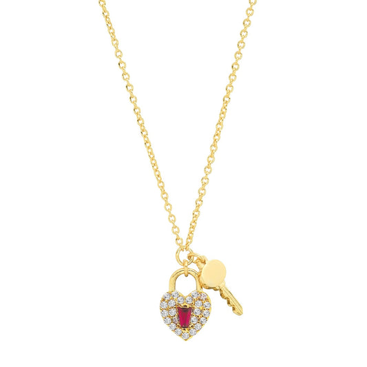 title:Heart Lock and Key Necklace with Red Stone Accent;color:Gold