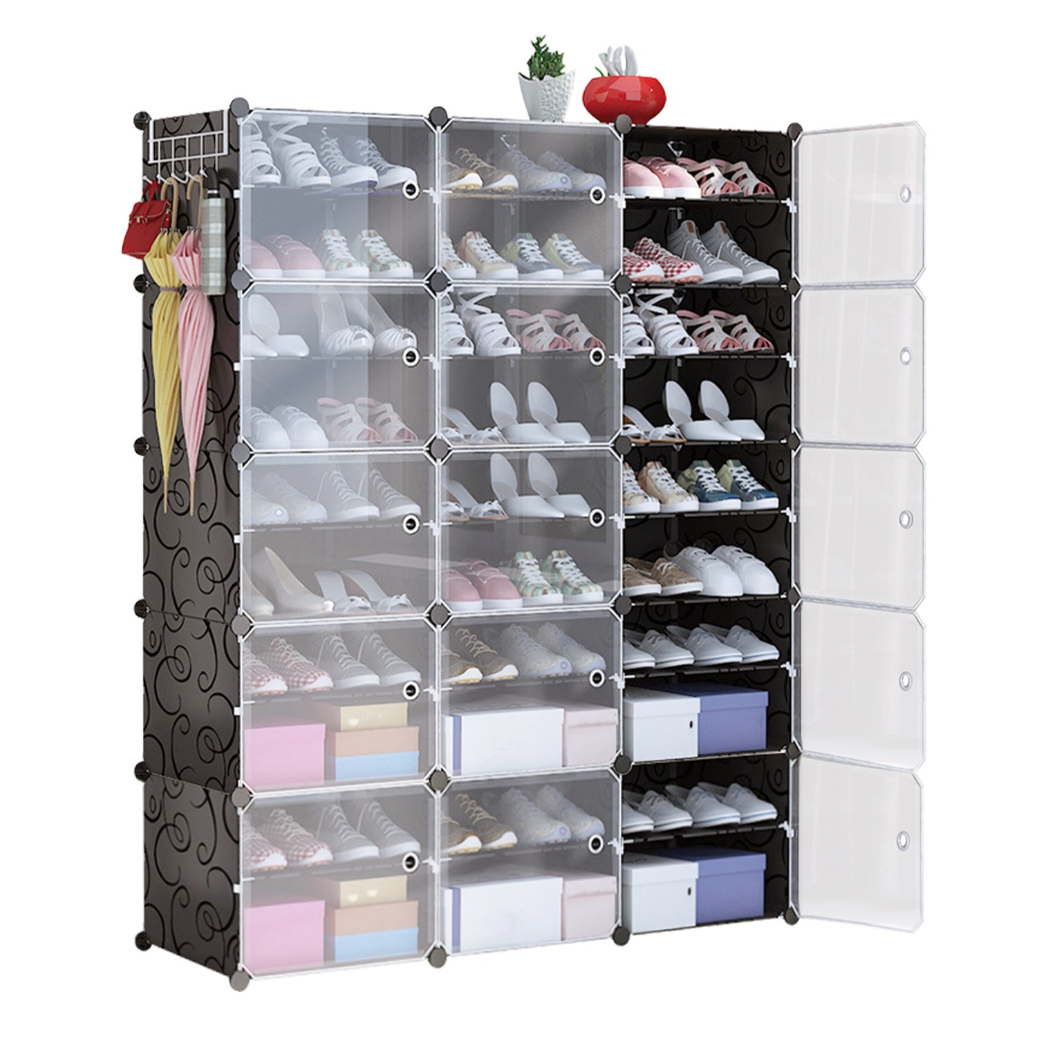 title:10-Tier 3-Row Shoe Rack Organizer Stackable Free Standing Shoe Storage Shelf Plastic Shoe Cabinet Tower with Transparent Doors for Heels Boots Slipper;color:Black