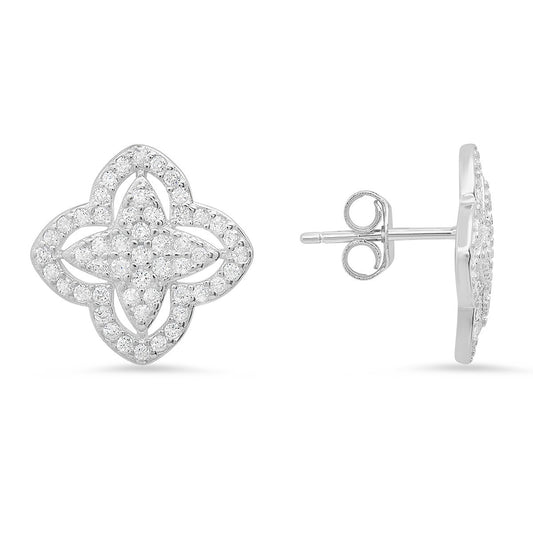 Sterling Silver Pave CZ Floral Stud Earrings - Ruumur