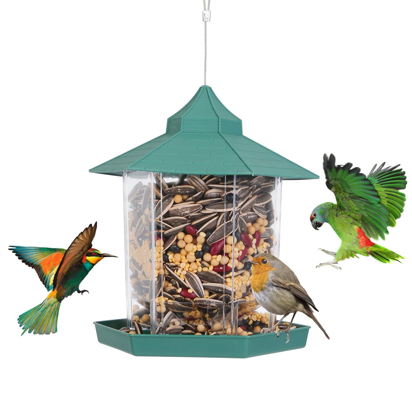 title:Fresh Fab Finds Hanging Gazebo Wild Bird Feeder Outdoor Bird Seed Station with Large Capacity 6 Feeder Ports for Garden Patio Park Weatherproof Easy To Refill;color:Green