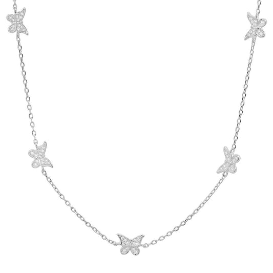 title:Sterling Silver CZ Butterfly Station Necklace;color:Silver