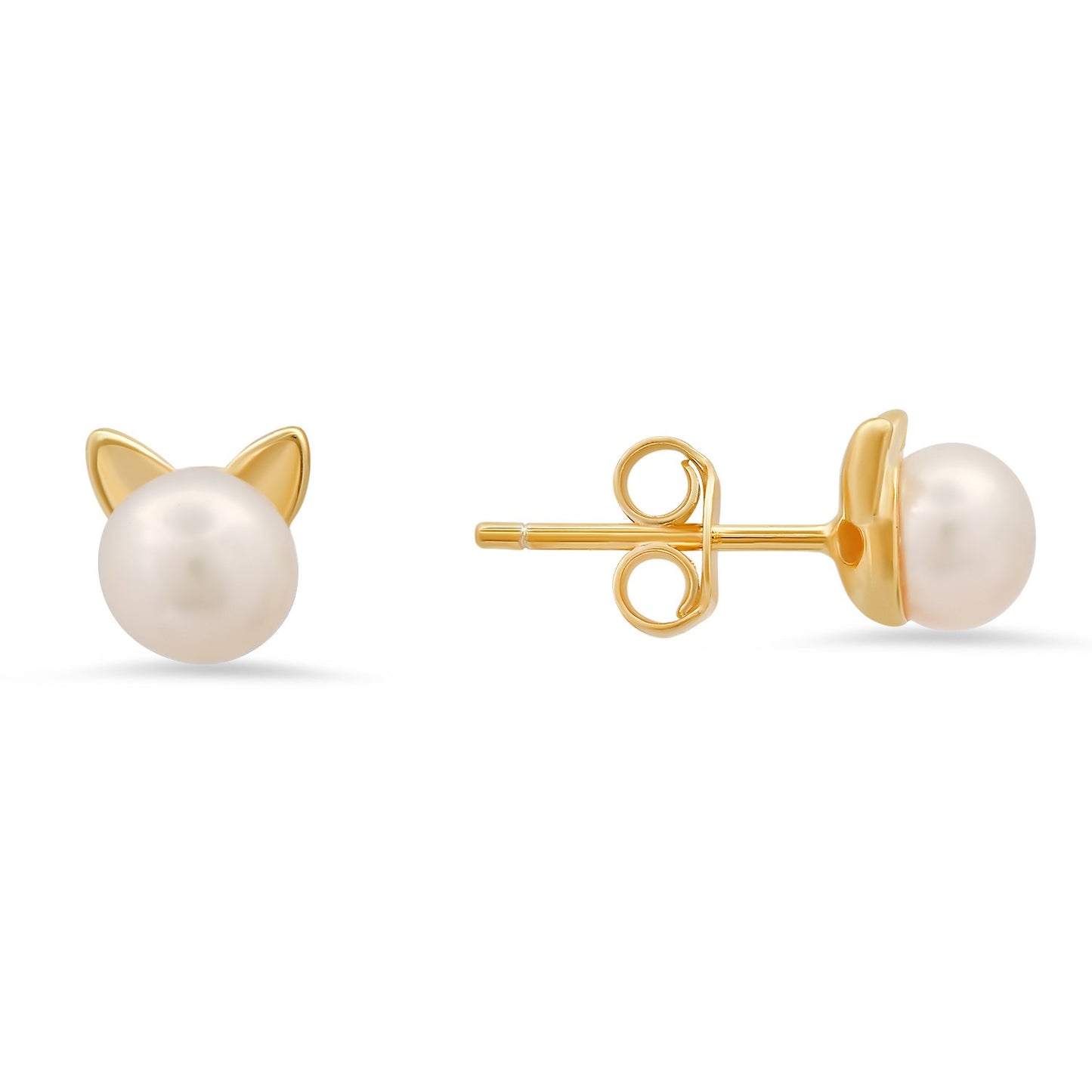 Sterling Silver Kitty Cat Pearl Stud Earrings - Ruumur