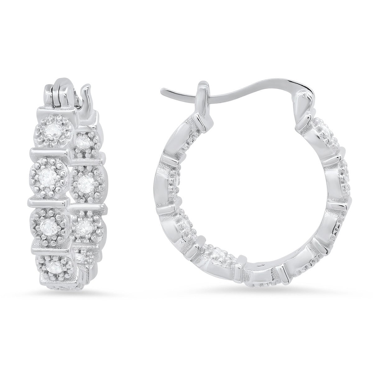 title:Sterling Silver Floral CZ 20mm Hoop Earrings;color:not applicable