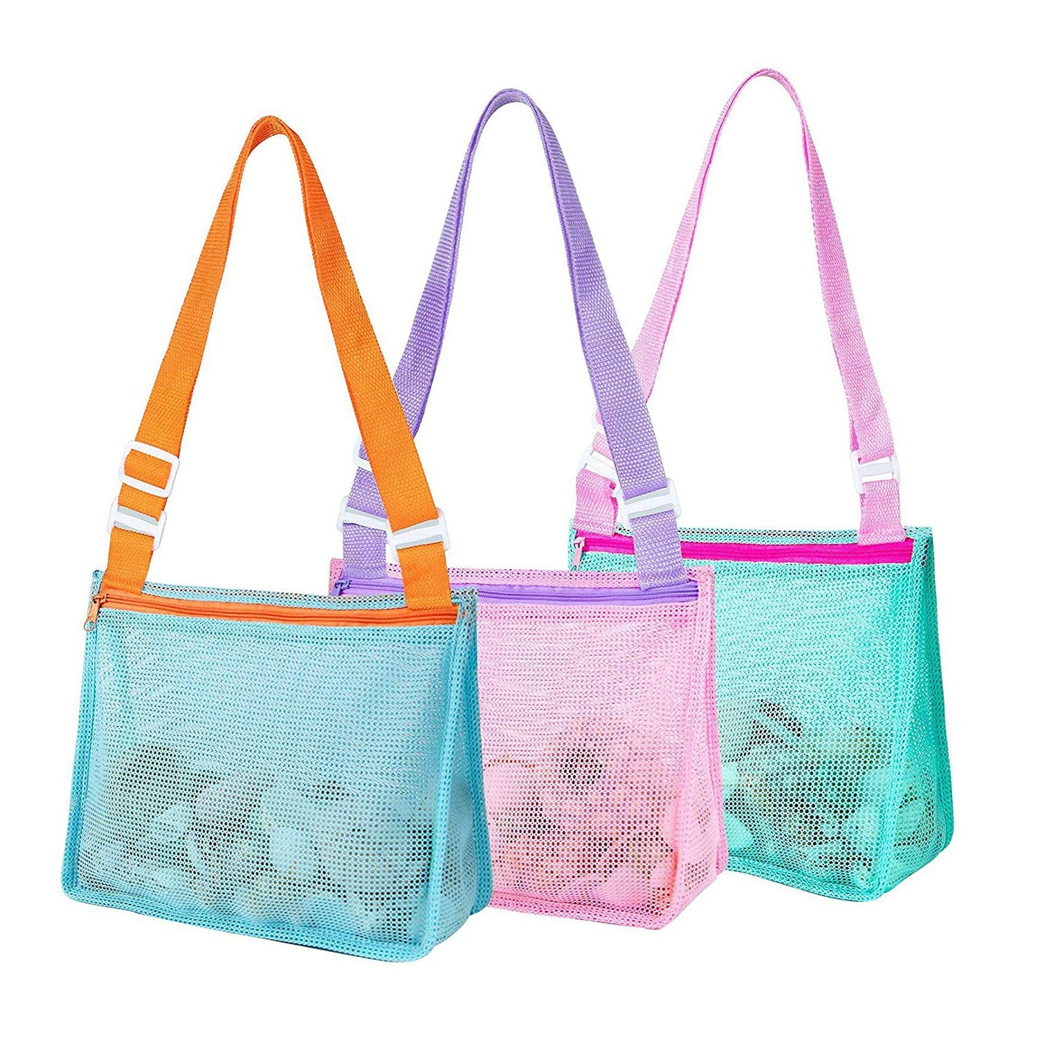 title:3Pcs Beach Mesh Bags Seashell Sand Toys Collecting Tote Bags with Adjustable Straps for Boys Girls;color:Multi