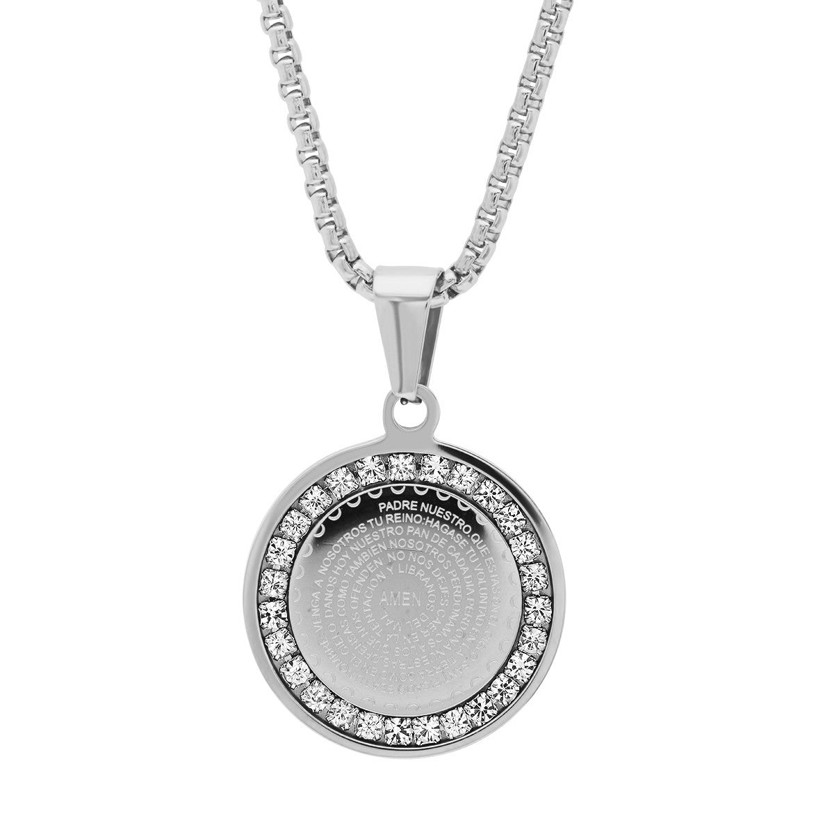 SteelTime SteelTime Women's Stainless Steel Padre Nuestro Prayer Round Pendant With Simulated Diamonds