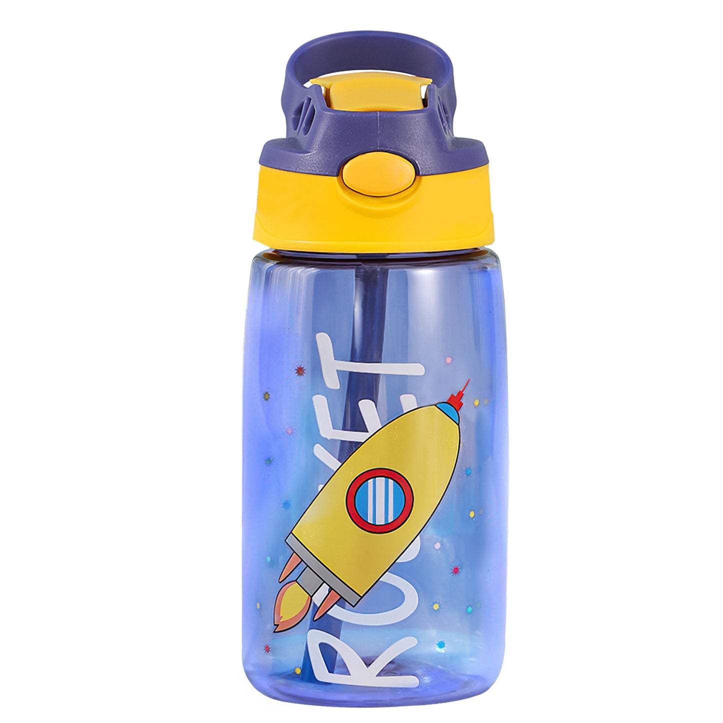 title:16.2Oz Leak-proof Kids Water Bottle with Straw Push Button Sport Water Bottle for Kids Crab Ship Jellyfish Rocket;color:Rocket