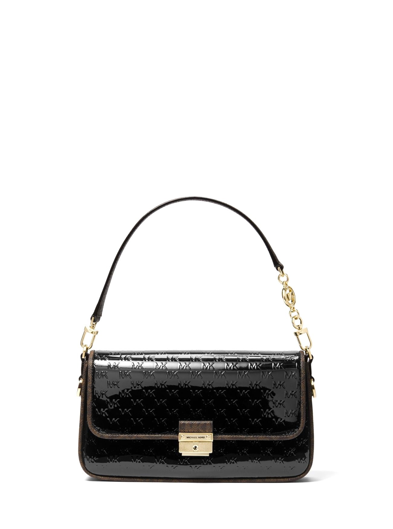 title:Michael Kors Women's Black Bradshaw Small Logo Embossed Patent Leather Convertible Shoulder Bag;color:Black