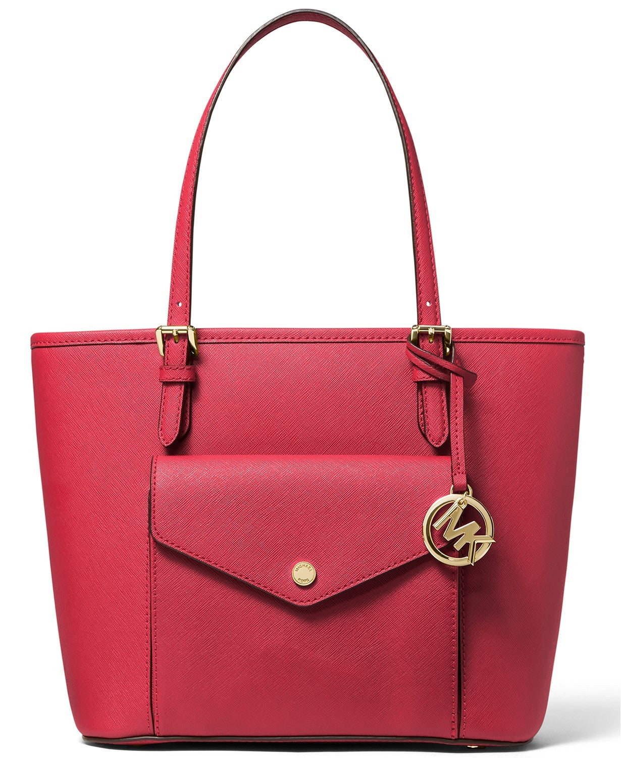 title:Michael Kors Women's Bright Red Jet Set Medium Leather Pocket Tote;color:Bright Red