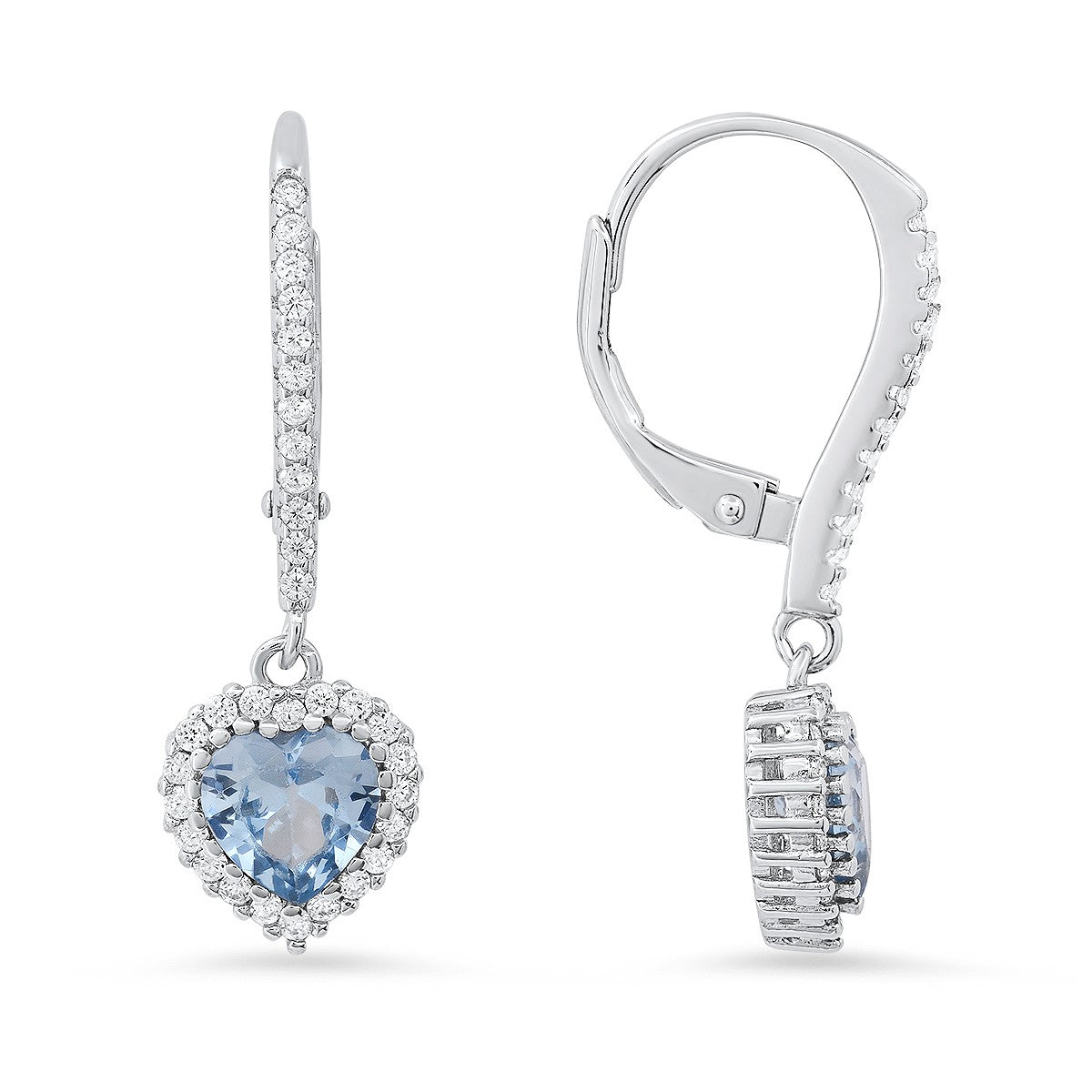 Sterling Silver Heart-cut Birthstone CZ Halo Leverback Earrings - Ruumur