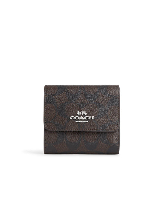 title:Coach Women's Small Trifold Wallet In Signature Canvas With Colorblock Interior;color:Brown / Iris Multi