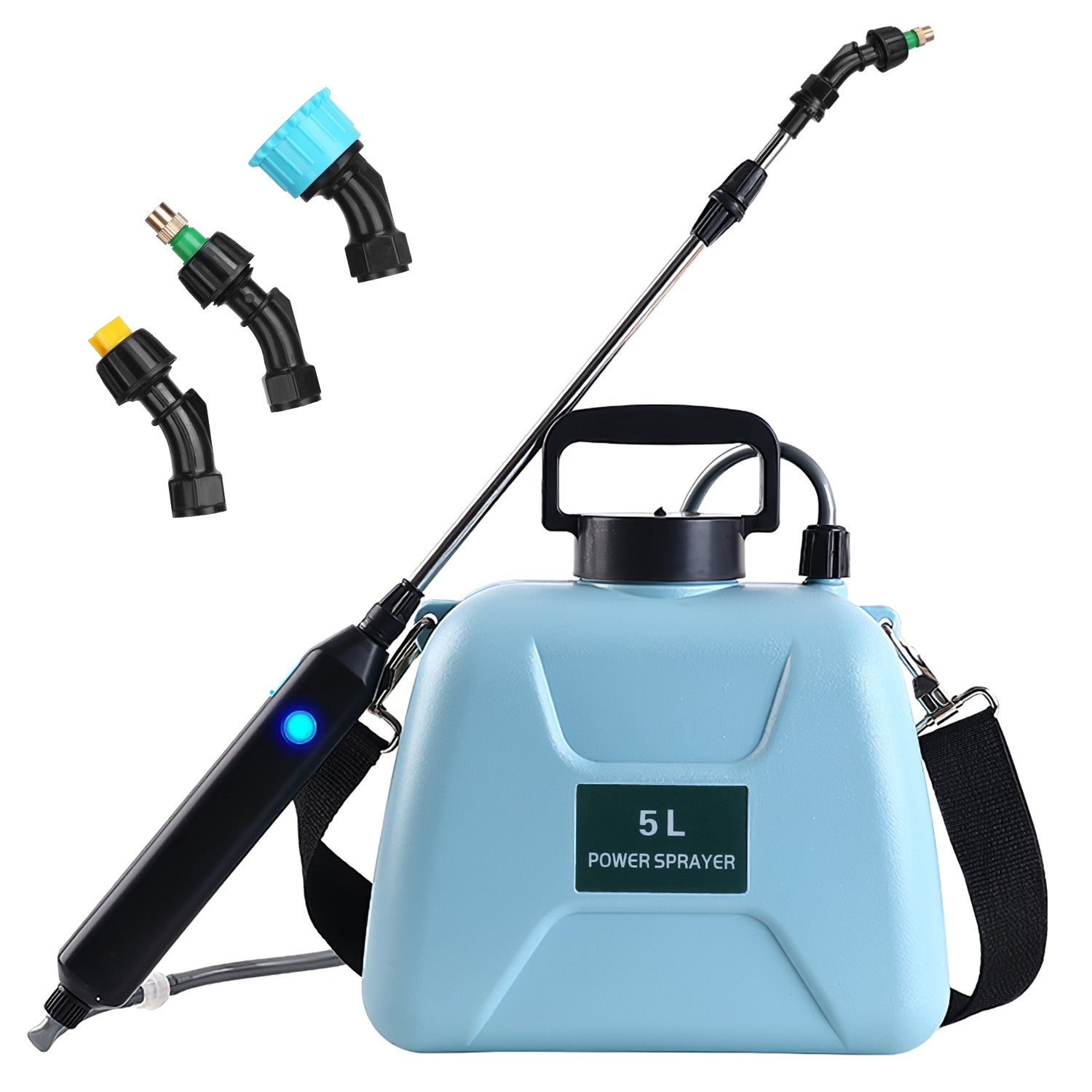 title:5L/1.3Gallon Electric Plant Sprayer Telescopic Rechargeable Garden Sprayer Automatic Handheld Sprayer with 3 Spray Spouts Shoulder Strap for Cleaning;color:Blue