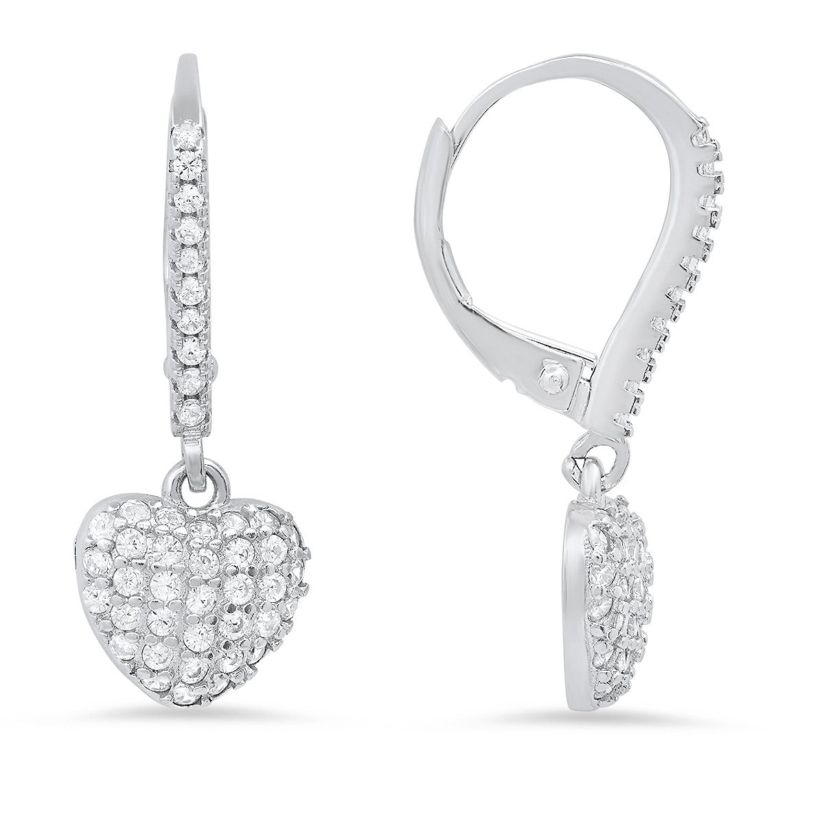 title:Sterling Silver Pave Heart CZ Dangle Leverback Earrings;color:not applicable