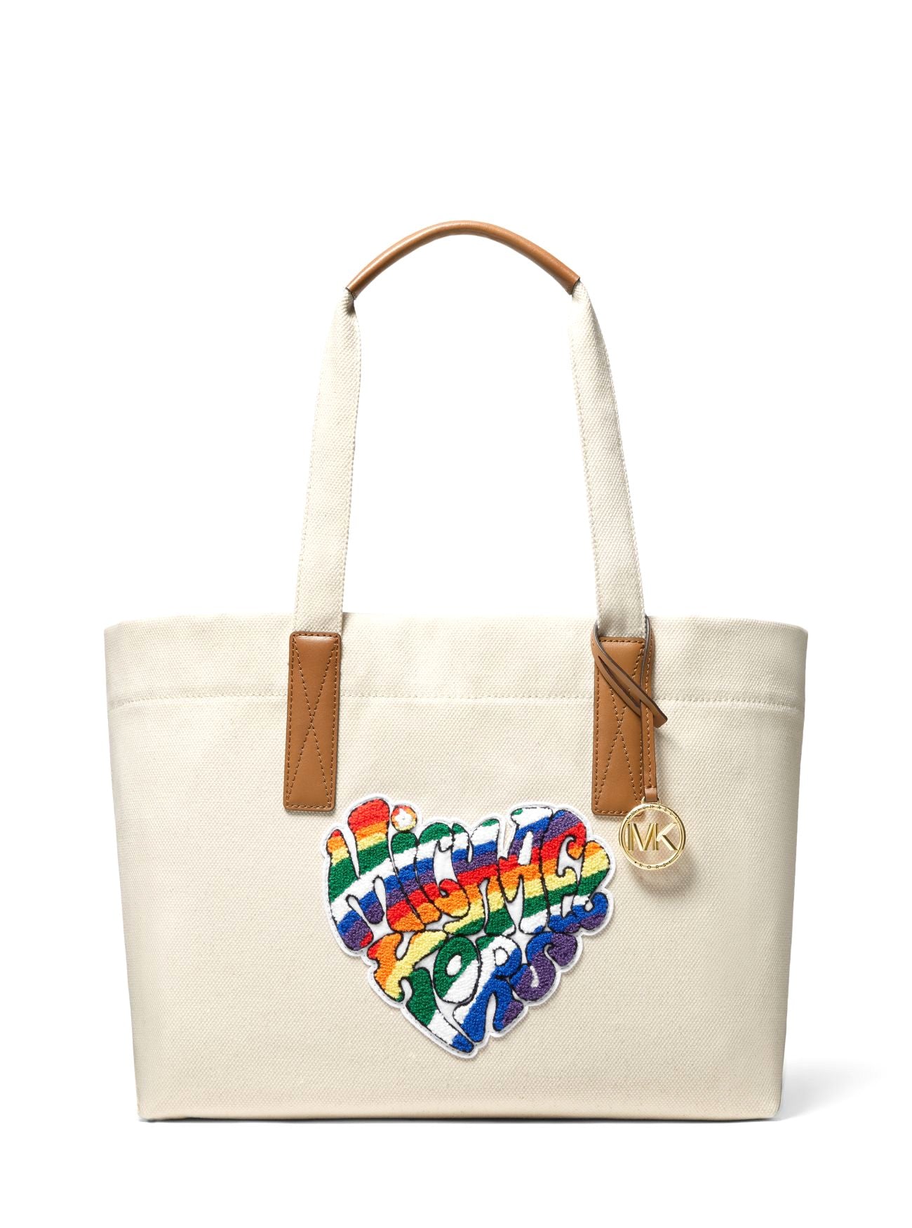 title:Michael Kors Women's Natural & Acorn The Michael Large Heart Patch Cotton Tote Bag;color:Natural / Acorn