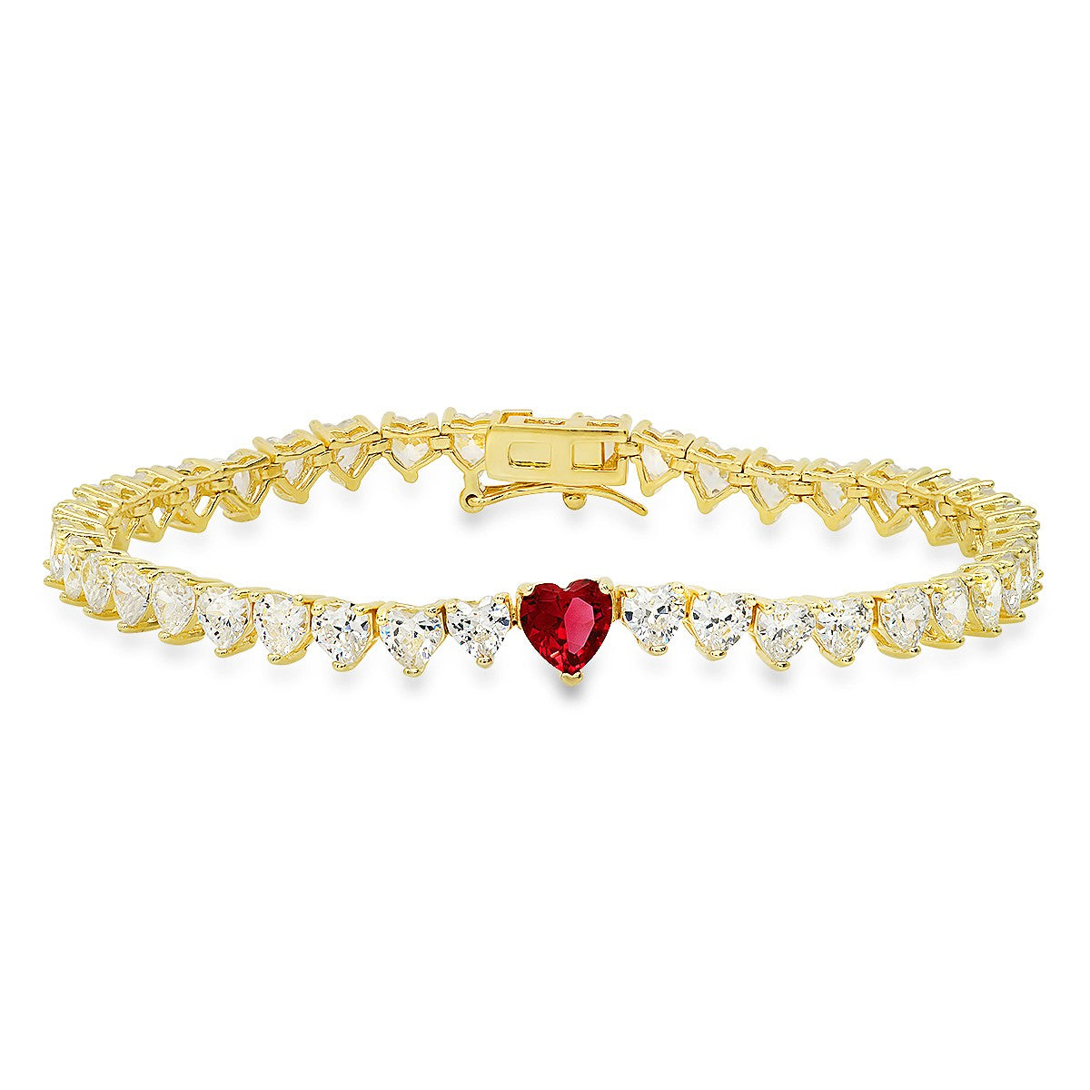 title:Sterling Silver 7.25" Ruby CZ Heart-cut CZ Tennis Bracelet;color:Gold