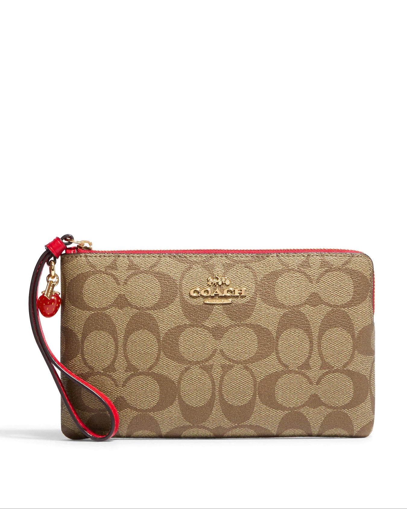 title:Coach Women's Khaki & Electric Red Large Corner Zip Wristlet In Signature Canvas With Strawberry;color:Khaki / Electric Red