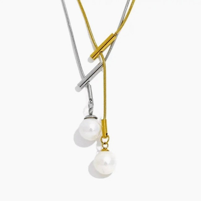 title:Snake Chain Lariat Necklace with Adjustable Pearl Drop;color:Silver