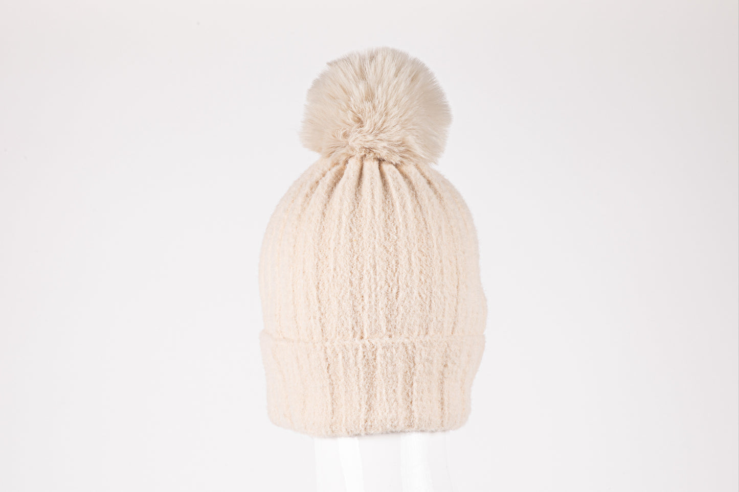 di firenze Rib Knit Hat With Faux Fur Pom Pom