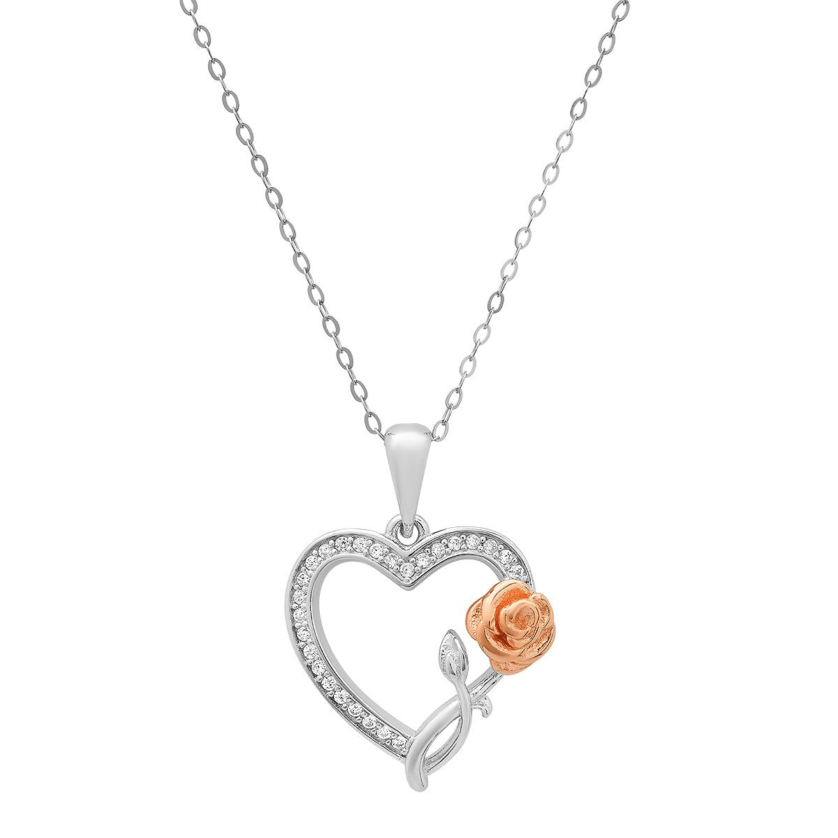 Sterling Silver Two-Tone CZ Rose Heart Pendant - Ruumur