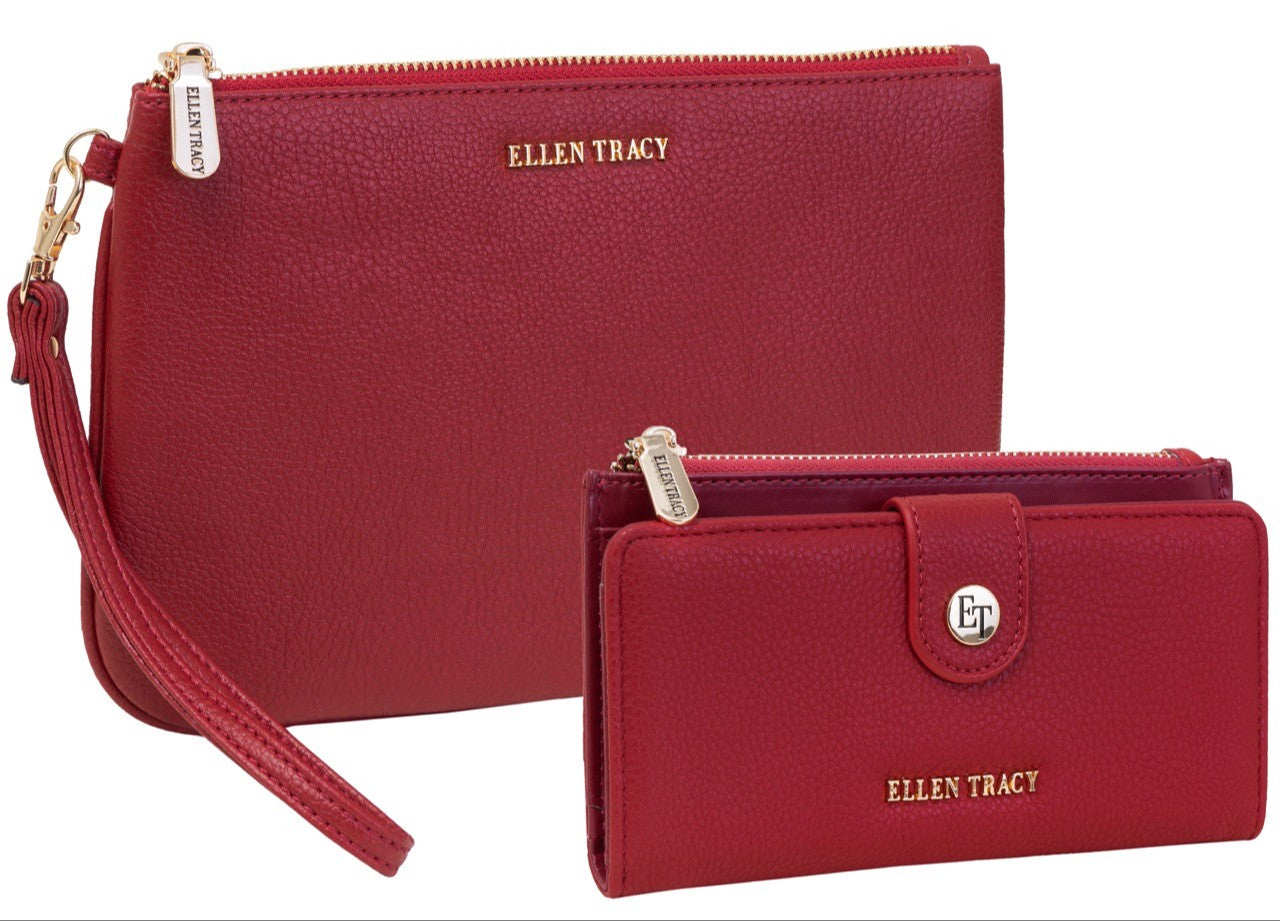 title:Ellen Tracy Wristlet And Continental Clutch Wallet Set;color:DARK RED-022