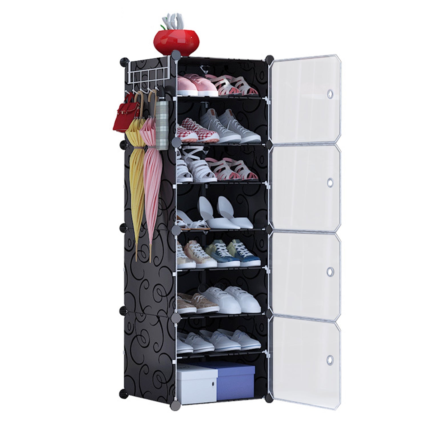 title:8-Tier Shoe Rack Organizer Stackable Free Standing Shoe Storage Shelf Plastic Shoe Cabinet Tower with Transparent Doors for Heels Boots Slippers Entry;color:Black