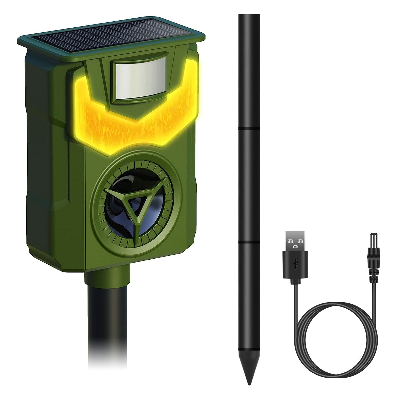 title:Solar Ultrasonic Animal Repeller with Flame Light USB Charge Motion Sensor Animal Repellent Chaser IP55 Waterproof Dog Raccoon Fox Skunk;color:Green