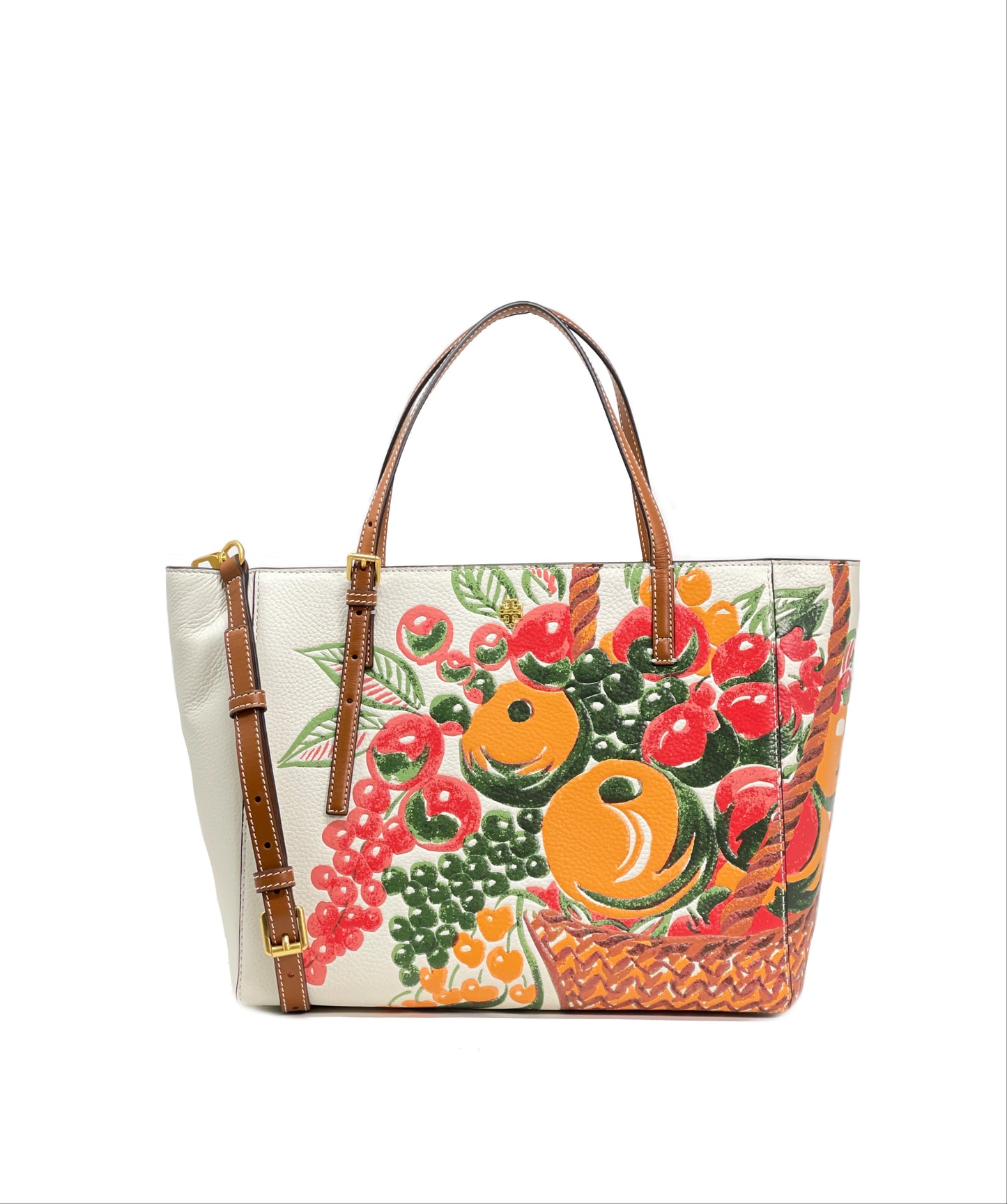 title:Tory Burch Snow White / Fruit Basket Emerson Printed Small Tote;color:Snow White / Fruit Basket