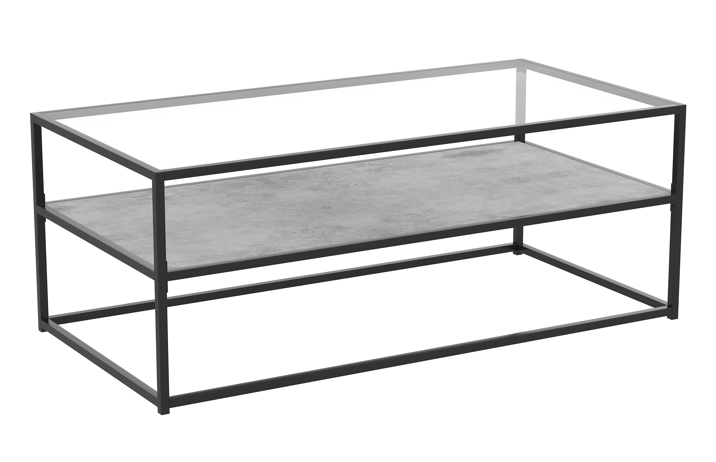 title:Safdie & Co. Coffee Table 47.25L Dark Cement 1 Shelf Glass Top Black Metal;color:Cement