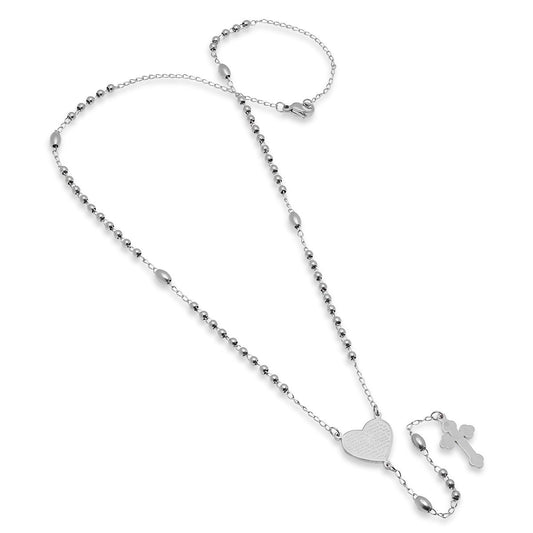 SteelTime Women's Stainless Steel Our Father Prayer Heart Rosary Necklace