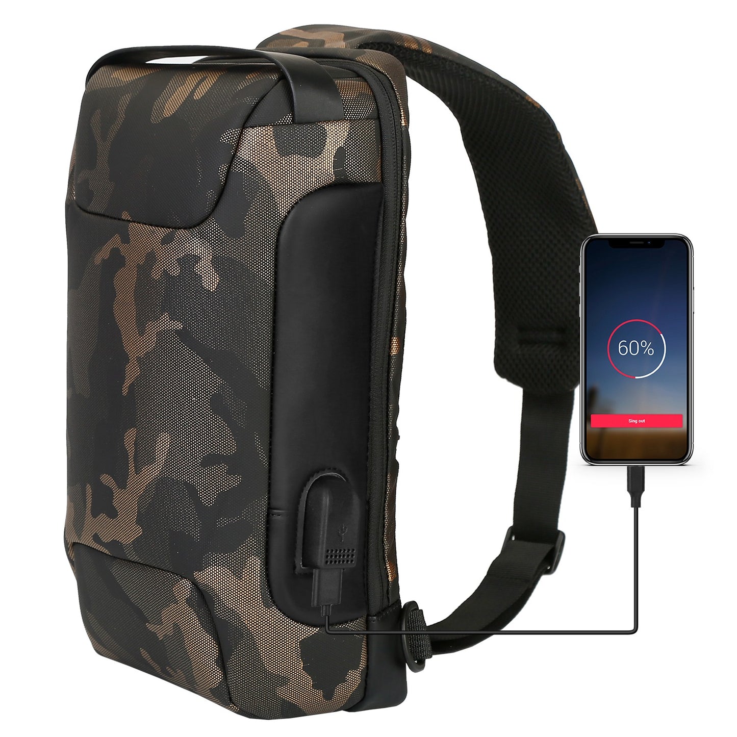 title:Men\'s Sling Backpack Waterproof Anti-theft Shoulder Crossbody Chest Bag Messenger Sling Bag Daypack w/ USB Charging Port;color:Camouflage