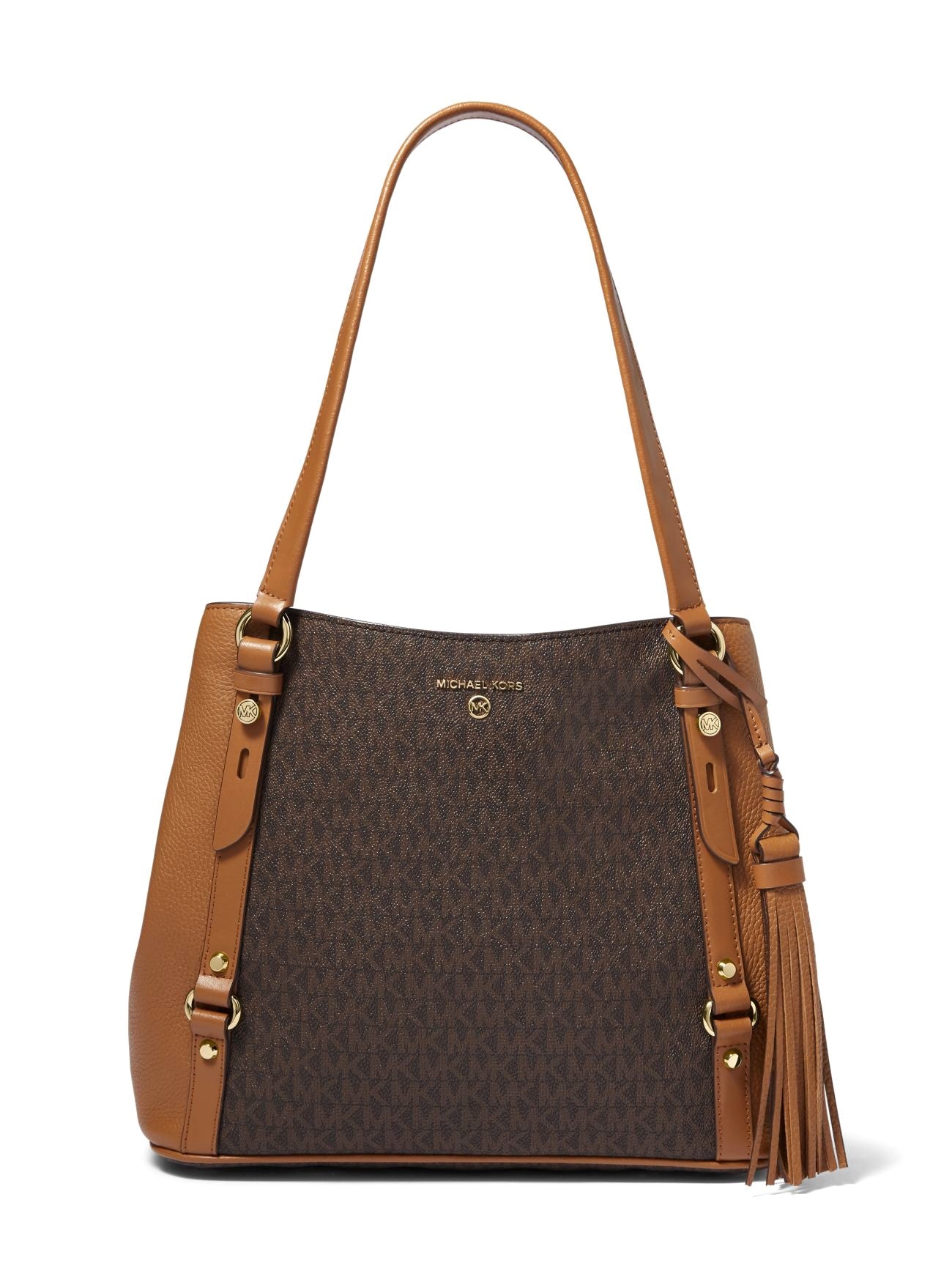 title:Michael Kors Women's Brown & Acorn Carrie Large Signature Shoulder Tote;color:Brown / Acorn