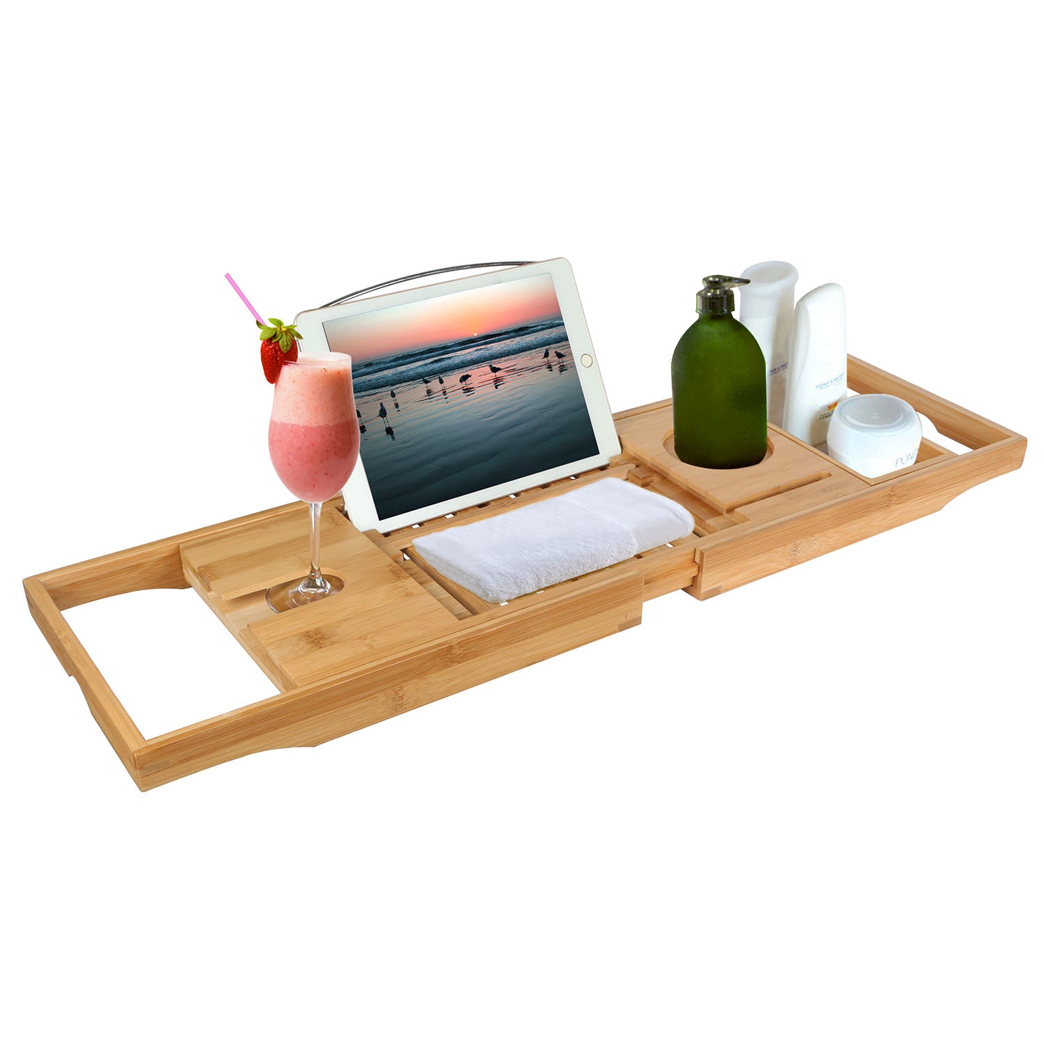 title:Bathtub Caddy Tray Crafted Bamboo Bath Tray Table Extendable Reading Rack Tablet Phone Holder Wine Glass Holder Shelf Desk Bathroom Spa;color:not applicable
