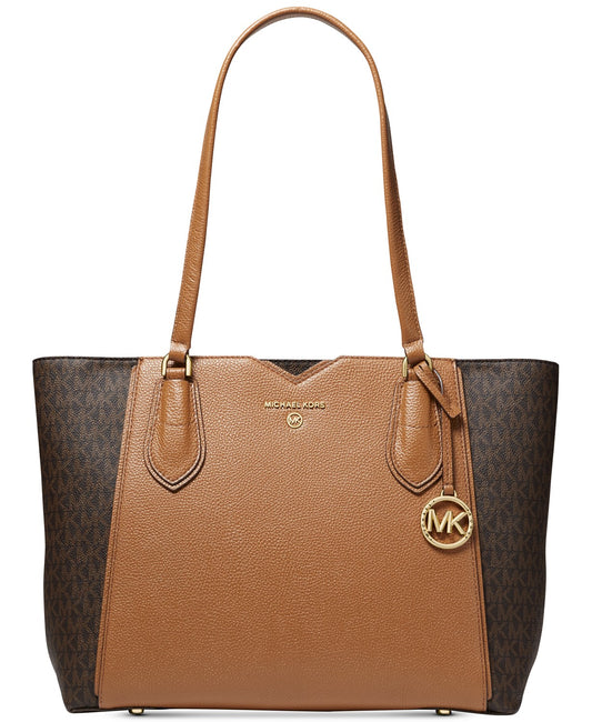 title:Michael Kors Women's Brown & Acorn Mae Medium Logo Tote;color:Brown / Acorn