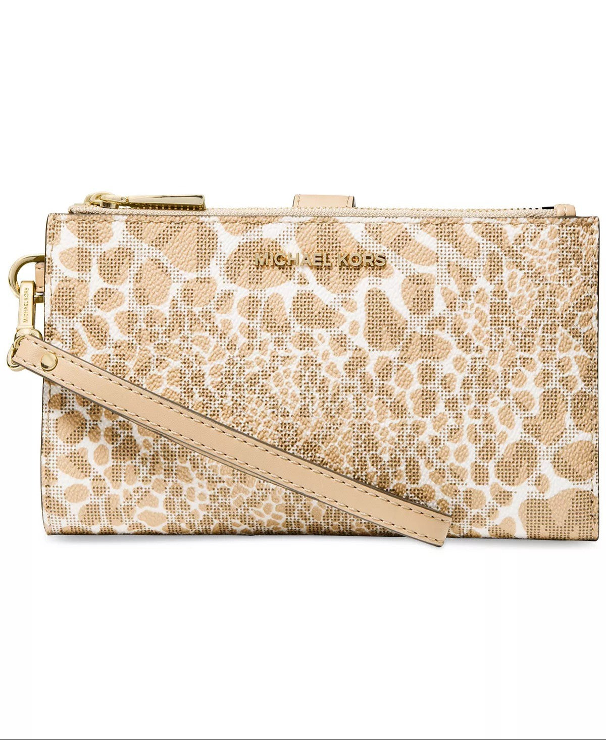 title:Michael Kors Women's Camel Multi Signature Jet Set Double Zip Wristlet;color:Camel Multi