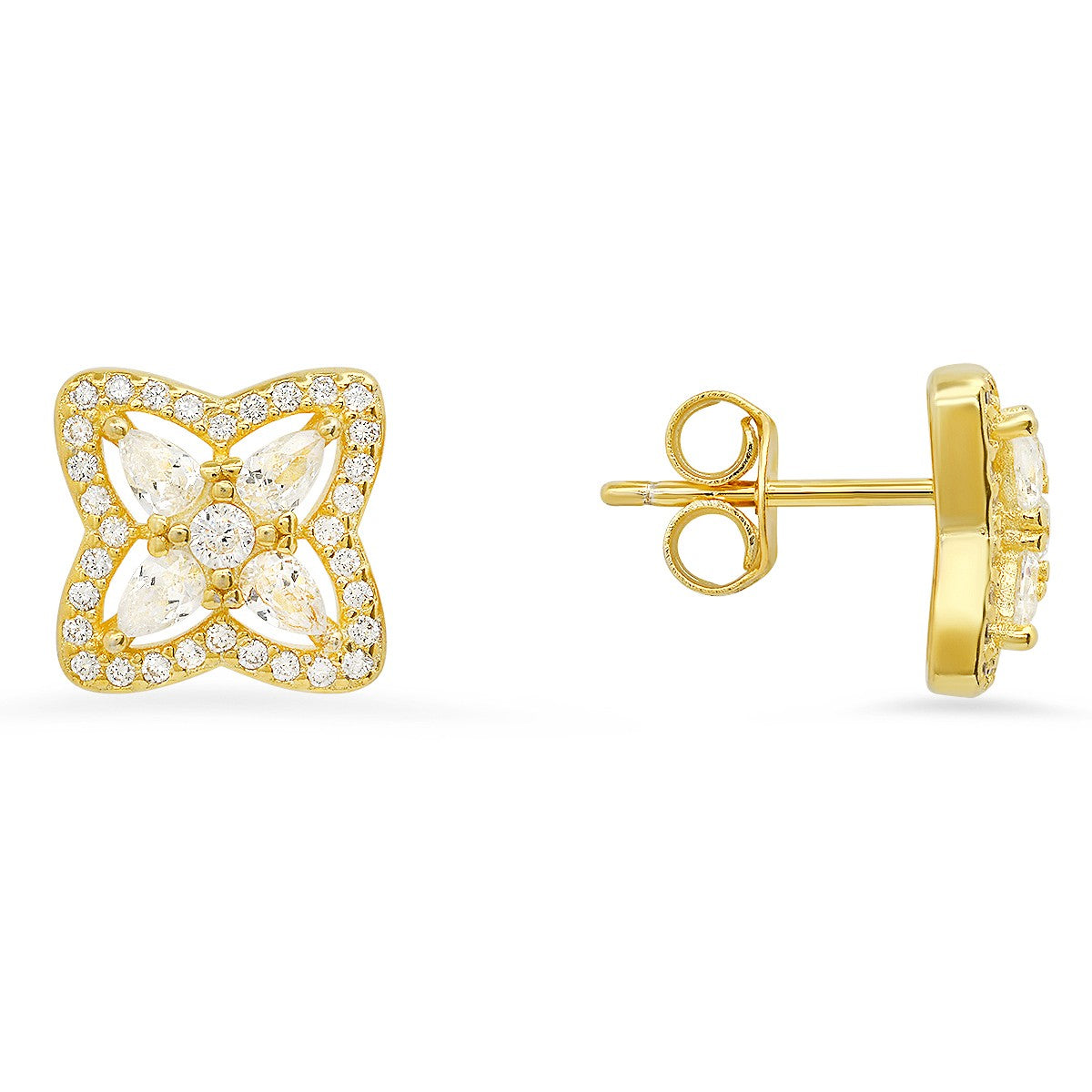 title:Sterling Silver Pear-cut CZ Flower Stud Earrings;color:Gold