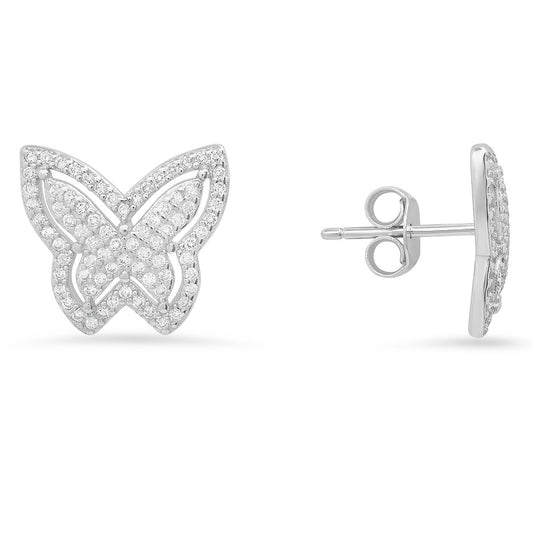 Sterling Silver Pave Butterfly CZ Stud Earrings - Ruumur