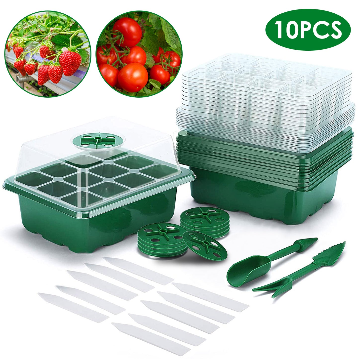 title:10Pcs Seed Starter Tray Kit Reusable Overall 120Cells Seeding Propagator Station Greenhouse Growing Germination Tray with Humidity Dome Label 2Pcs Gar;color:Green