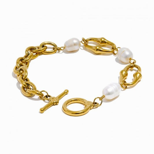 18K Gold Plated Link Chain Bracelet with Freshwater Pearls