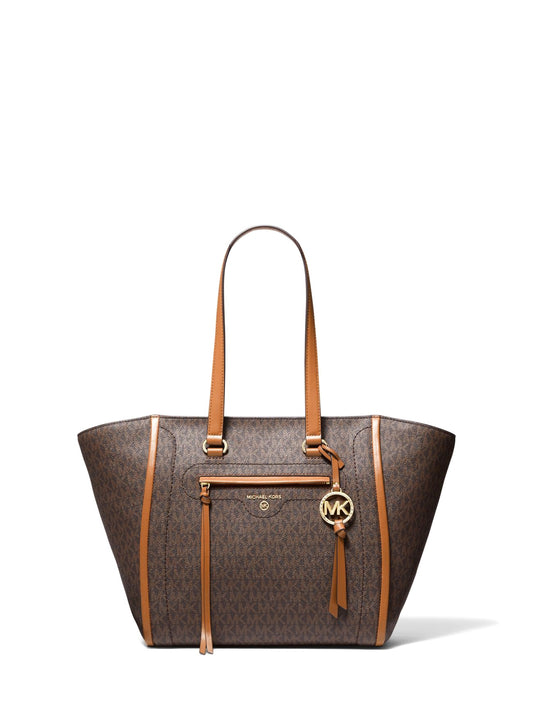 title:Michael Kors Women's Brown & Acorn Carine Medium Logo Tote Bag;color:Brown / Acorn