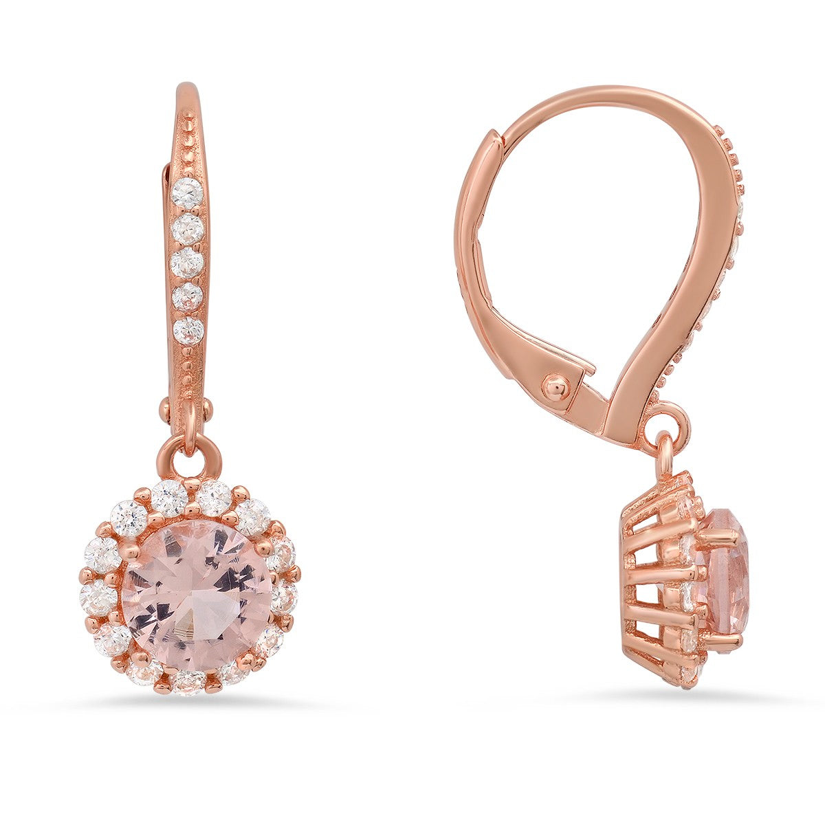 14k Rose Gold Over Silver Morganite CZ Halo Leverback Earrings - Ruumur