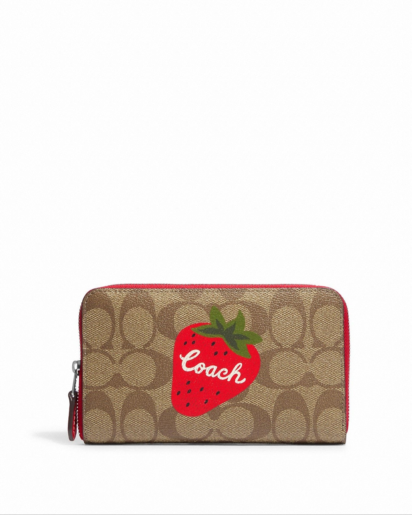 title:Coach Women's Khaki & Electric Red Medium Id Zip Wallet In Signature Canvas With Wild Strawberry;color:Khaki / Electric Red