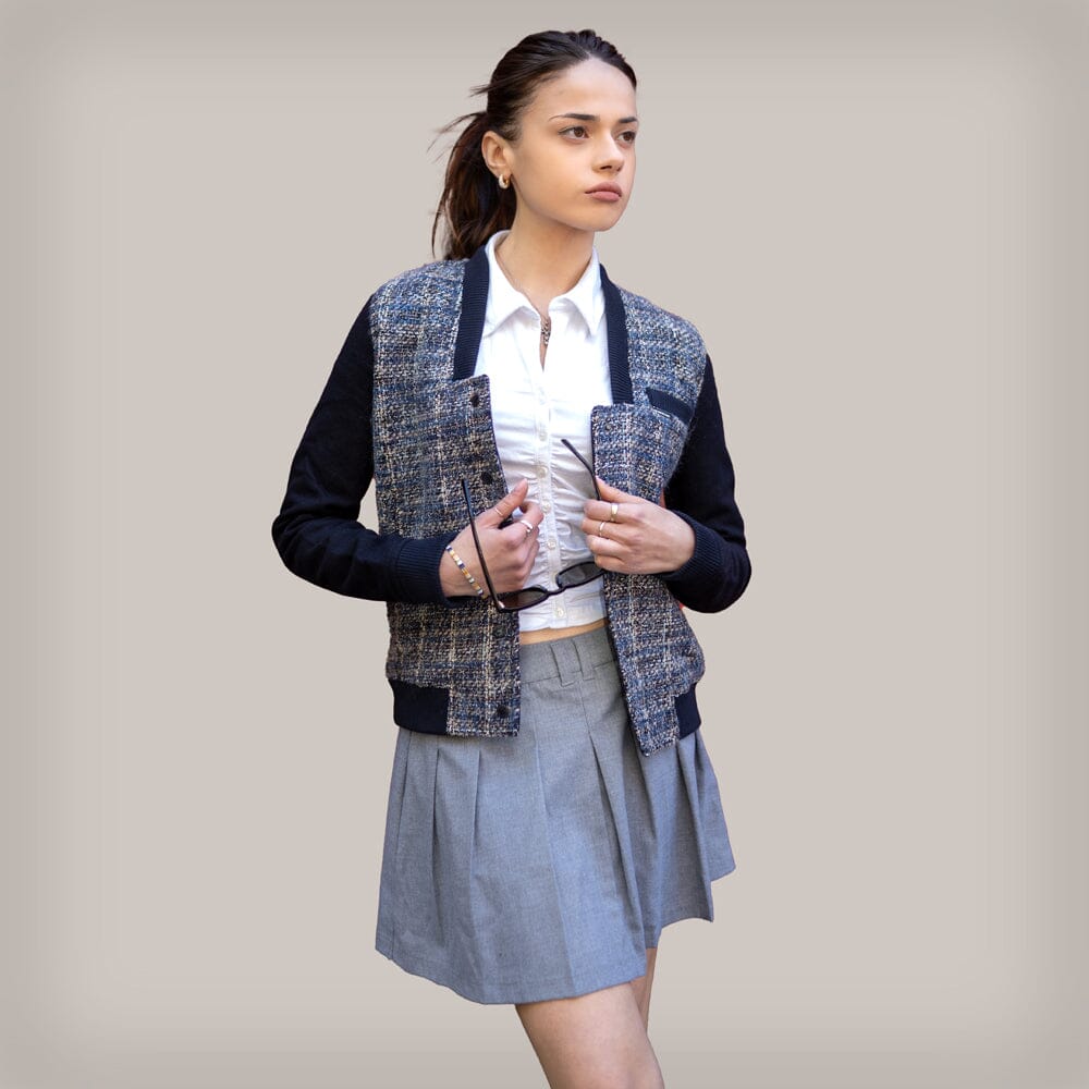 Women's Updated Tweed Varsity Jacket with Contrast Sleeve Womens Jacket Members Only NAVY Large 