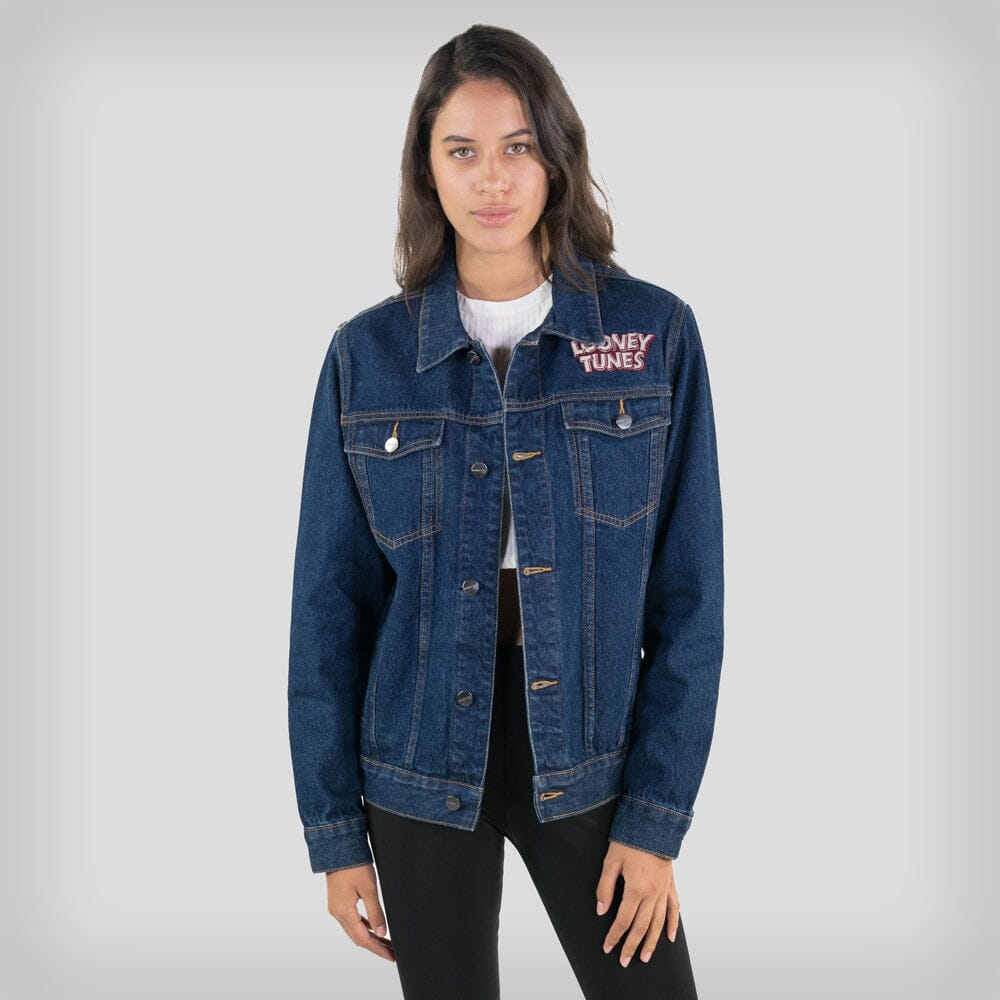 Women's Looney Tunes Denim Trucker Oversized Jacket - FINAL SALE Womens Jacket Members Only DARK INDIGO X-Small 