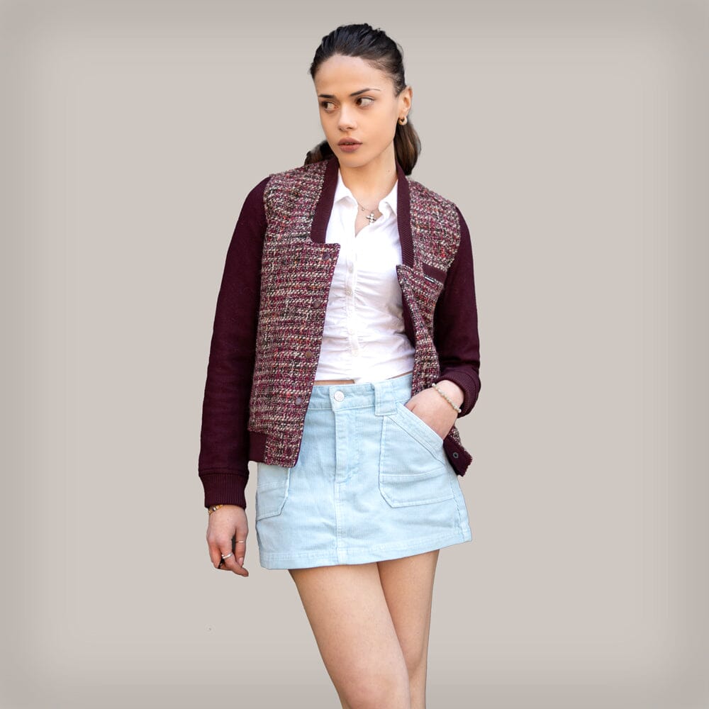 Women's Updated Tweed Varsity Jacket with Contrast Sleeve Womens Jacket Members Only BURGUNDY Large 